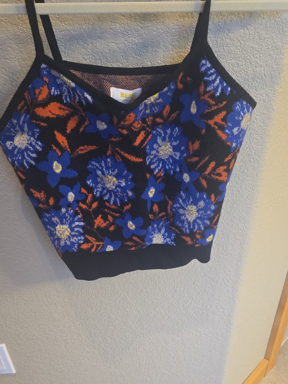 Anthropologie Black Knit Floral Crop Cami with Blue & Orange Blooms